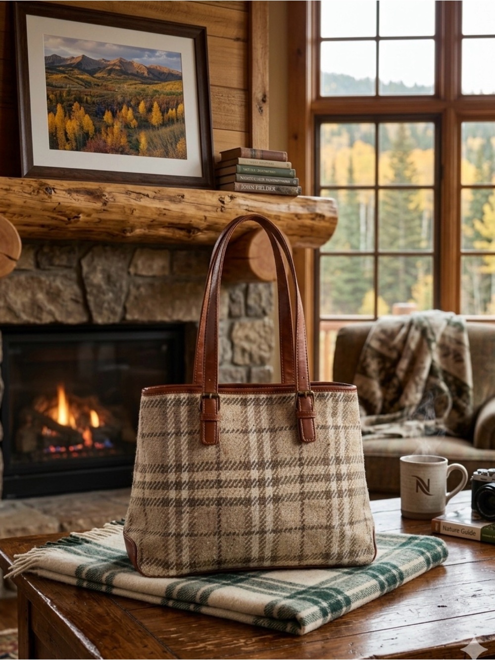 Burberrys of London Tweed Plaid Tote Bag with Brown Leather Trim